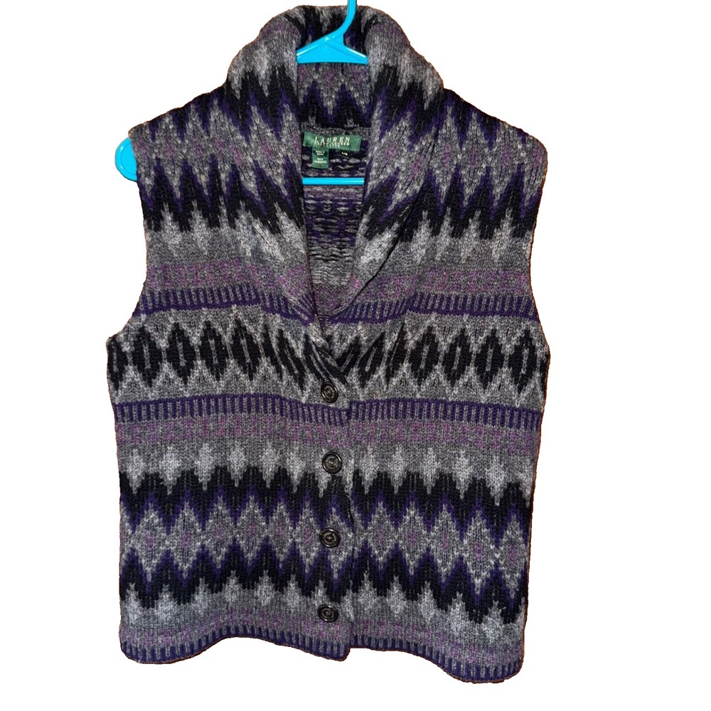 Lauren Ralph Lauren Fair Isle Sweater Vest mock Neck Knit Wool Blend VTG Preppy